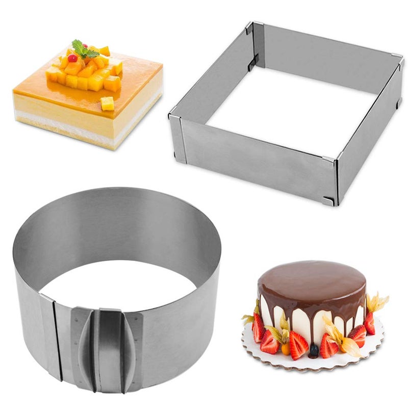 Cyimi Adjustable Cake Mould Stainless Steel Cake Mousse Ring 6 to 12 Inch, Thickened Cake Ring Mould Set of 2 for Baking,DIY Cake (Round+Square) - Image 1